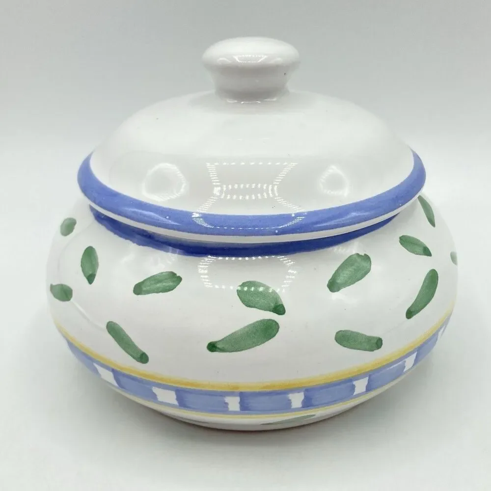 Vtg Williams Sonoma Tournesol Italy Handpainted Sugar Bowl with Lid Blue White